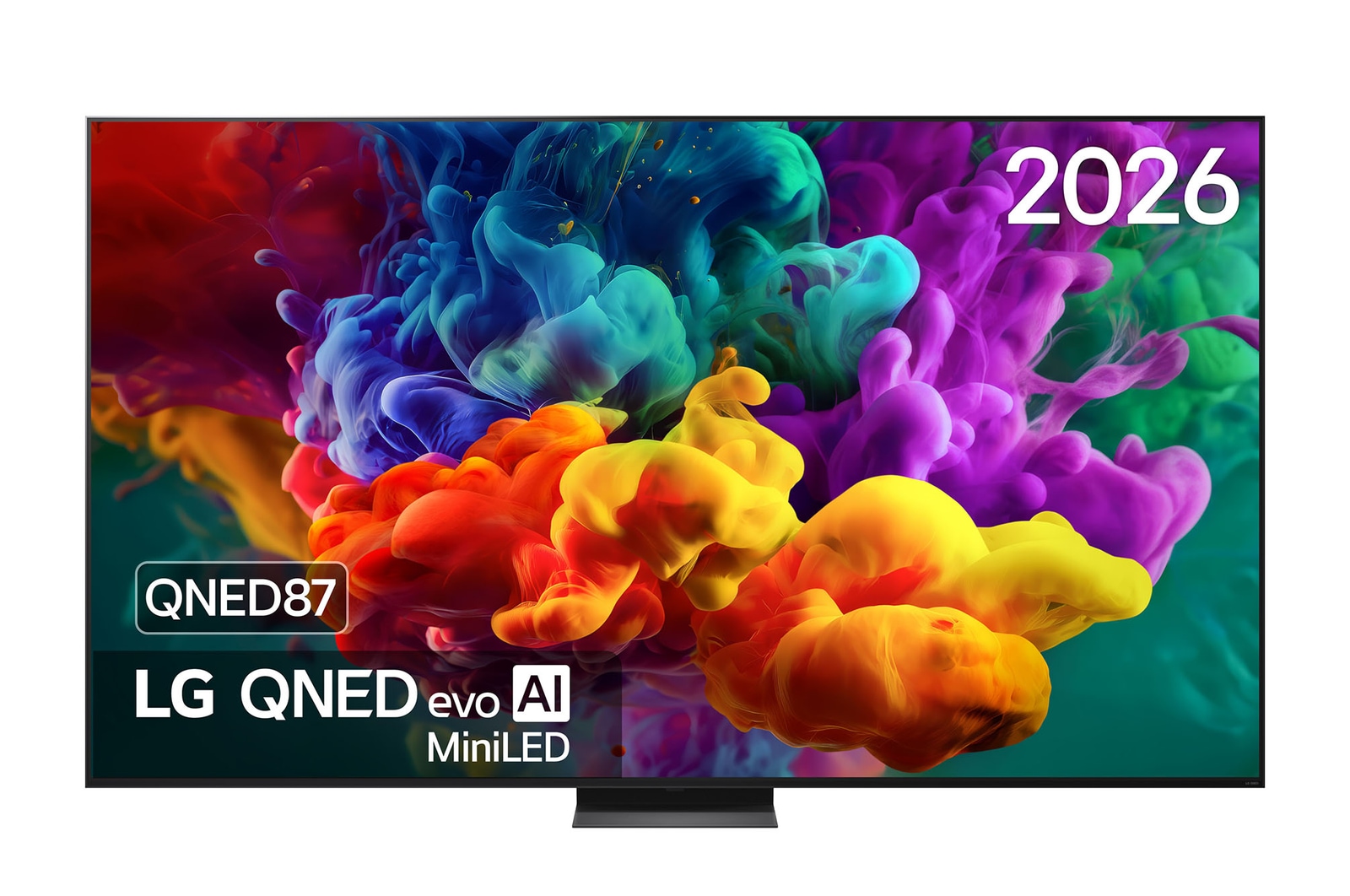 Het vooraanzicht van de LG QNED evo AI QNED87 Mini LED, uitgebracht in 2026, laat levendige, vloeiende uitbarstingen van dichte kleurwolken op het scherm zien, met Dynamic QNED Color Pro, Mini LED, een alpha 8 AI Processor 4K Gen3, webOS en een 100-inch scherm.